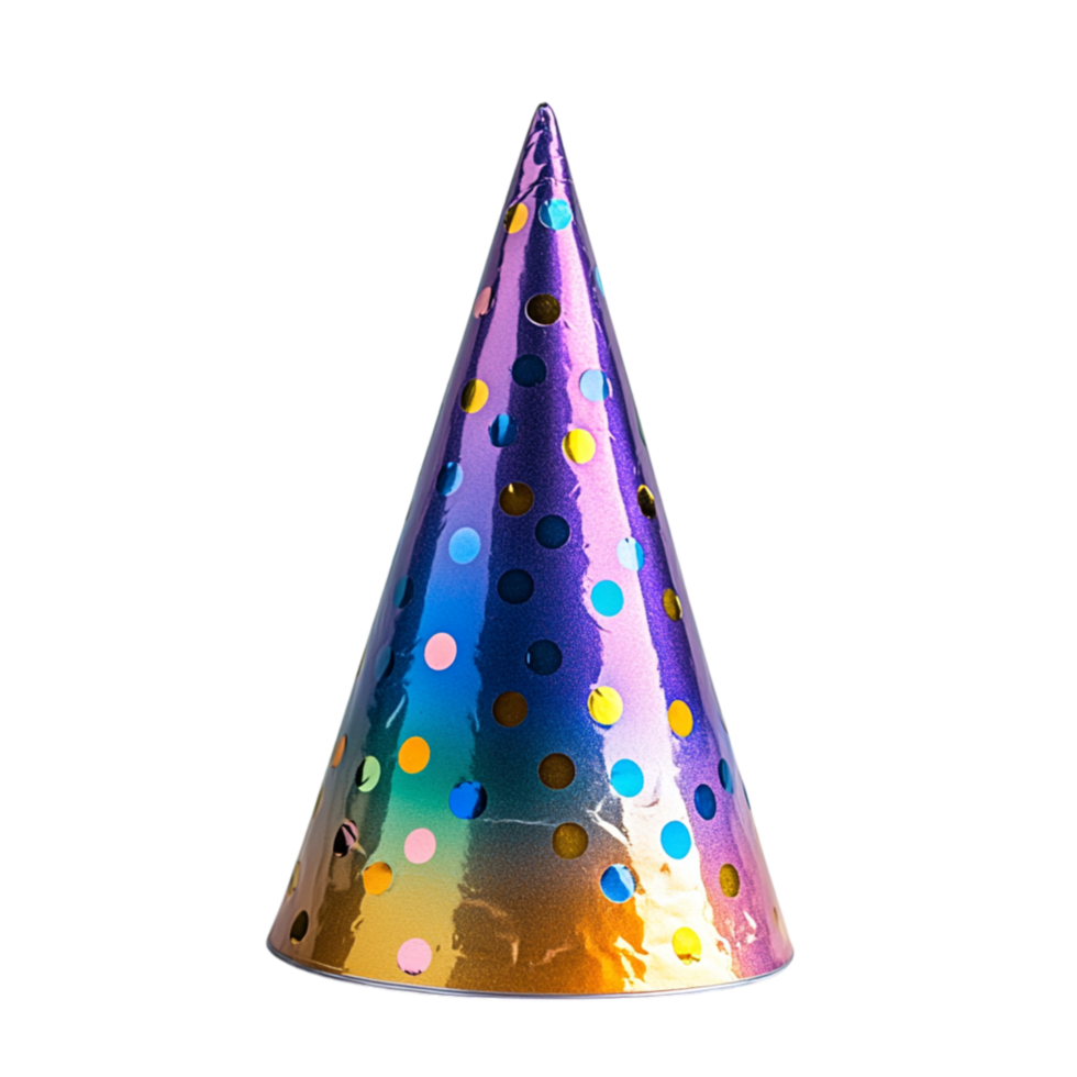 Shiny party hat with colorful polka dots and a cone shape symbolizing joy and the playful spirit of cheerful celebrations png