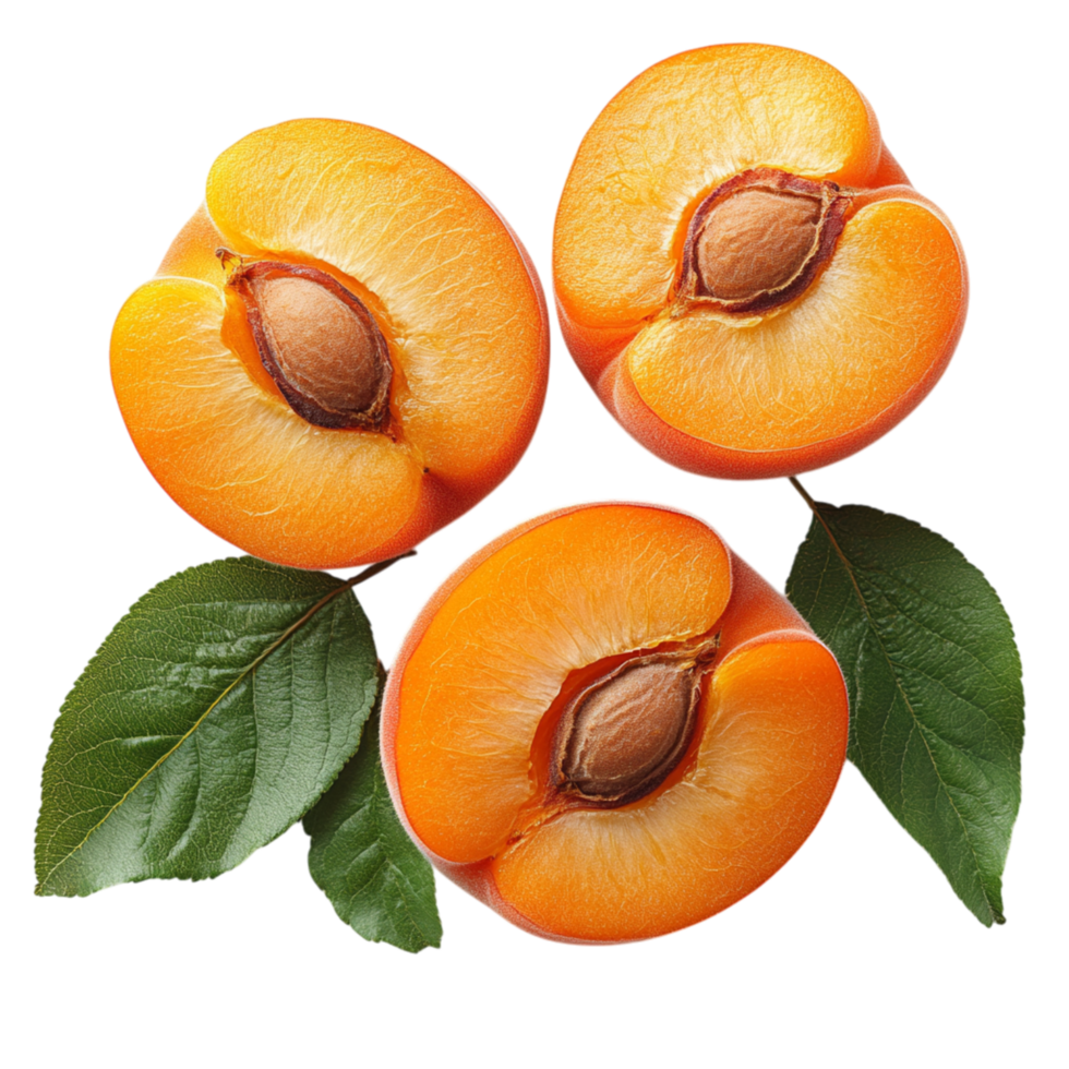 Fresh apricots sliced in half revealing their goldenorange flesh and deep brown seeds with a few green leaves adding contrast png