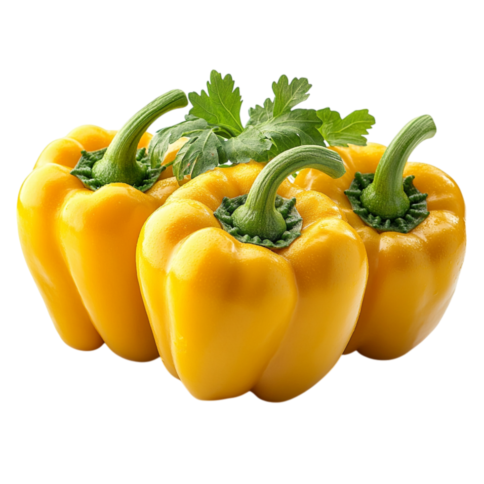 Cluster of fresh yellow bell peppers with glossy surfaces and green stems look crisp making them a vibrant nutritious and delicious ingredient for salads stirfries and grilling png