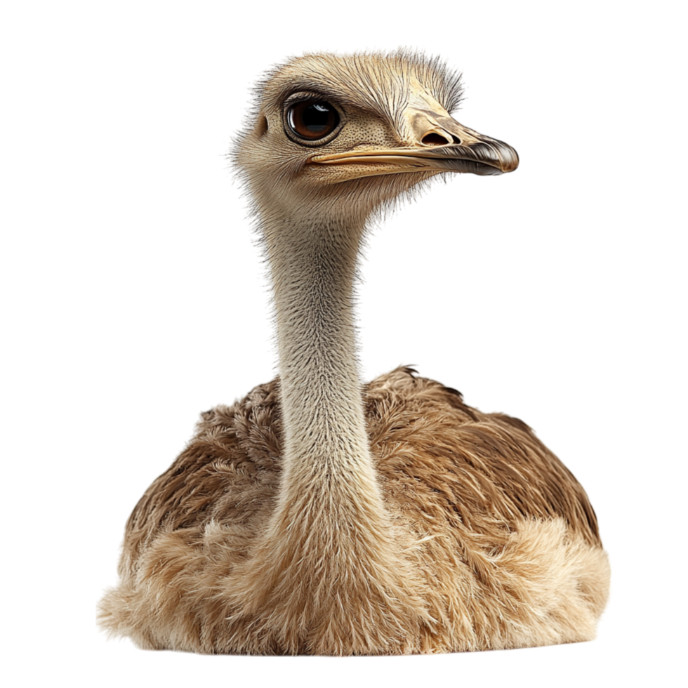 Curious ostrich with a long slender neck and wide brown eyes gazing forward with its soft feathery plumage appearing slightly ruffled png