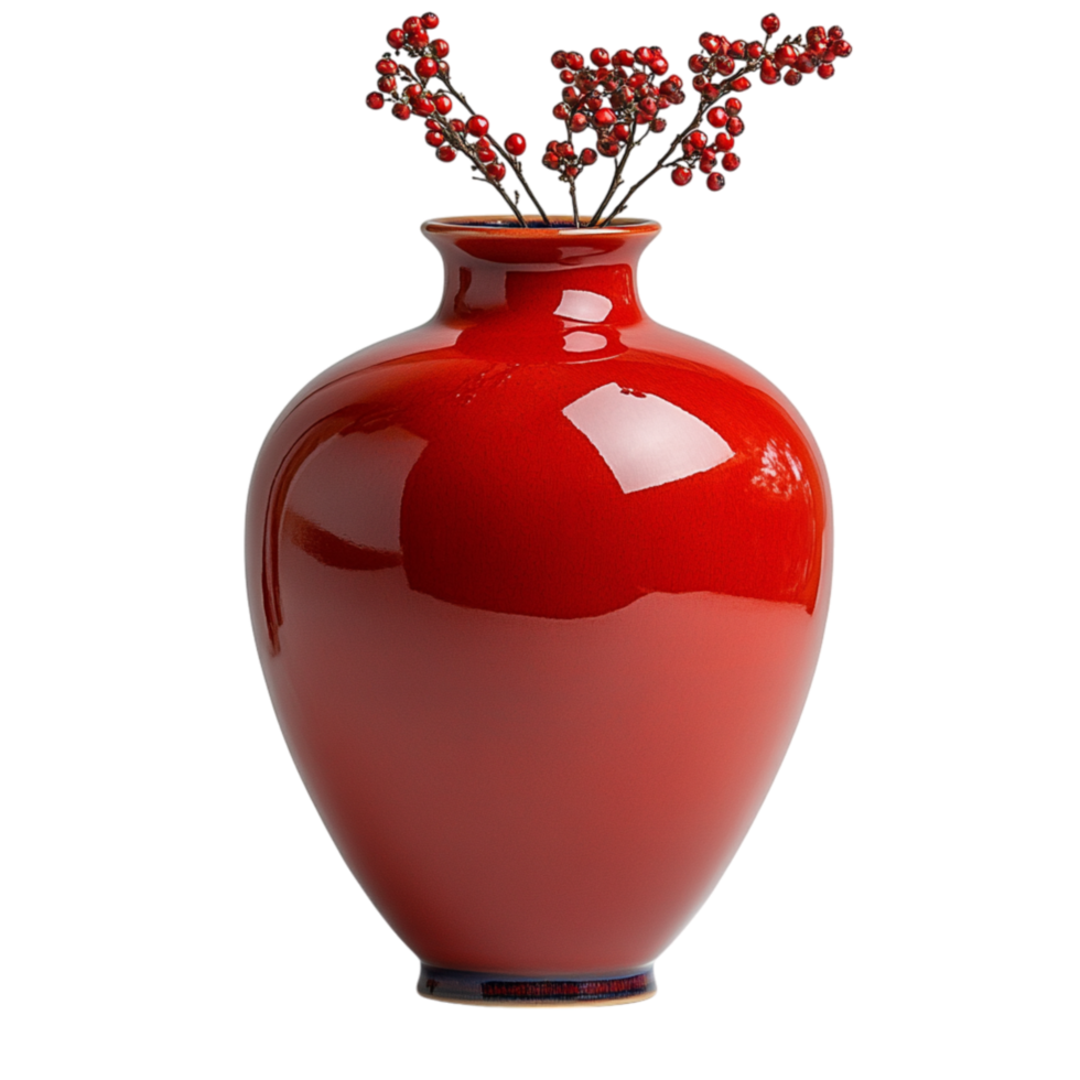 A glossy red ceramic vase with delicate berries and a curved silhouette symbolizing elegance and the refined beauty of decorative home accents png