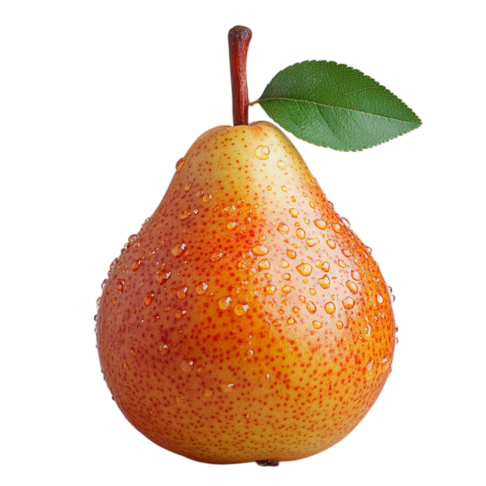 Single pear with a vibrant gradient of yellow and red and a fresh green leaf symbolizing ripeness and the succulent juiciness of premium fruit png