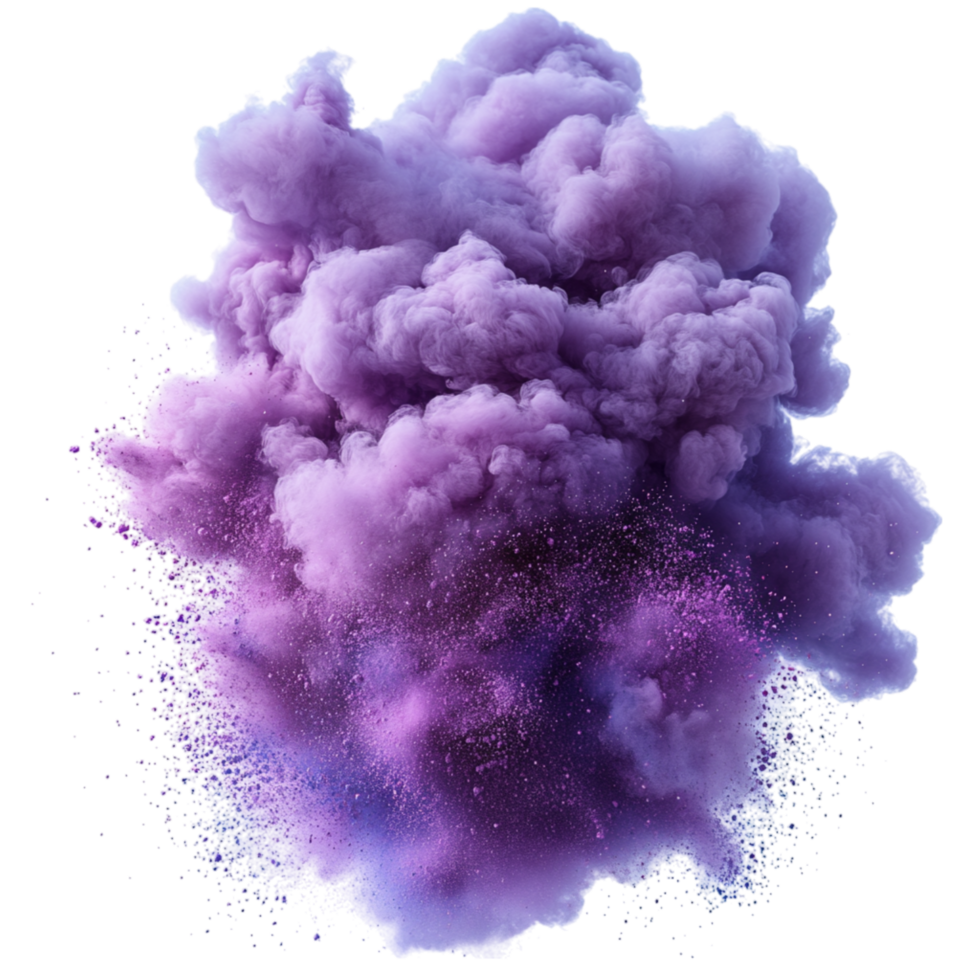 Cloud of vibrant purple powder exploding into the air with tiny particles spreading in all directions in a dynamic display png