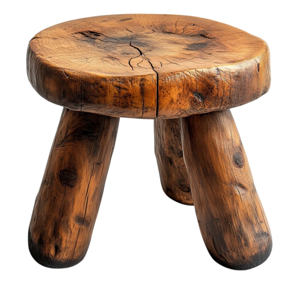 Rustic wooden stool with thick round legs and a smooth polished top has a natural grain making it a sturdy functional and beautifully crafted piece of furniture for any space png