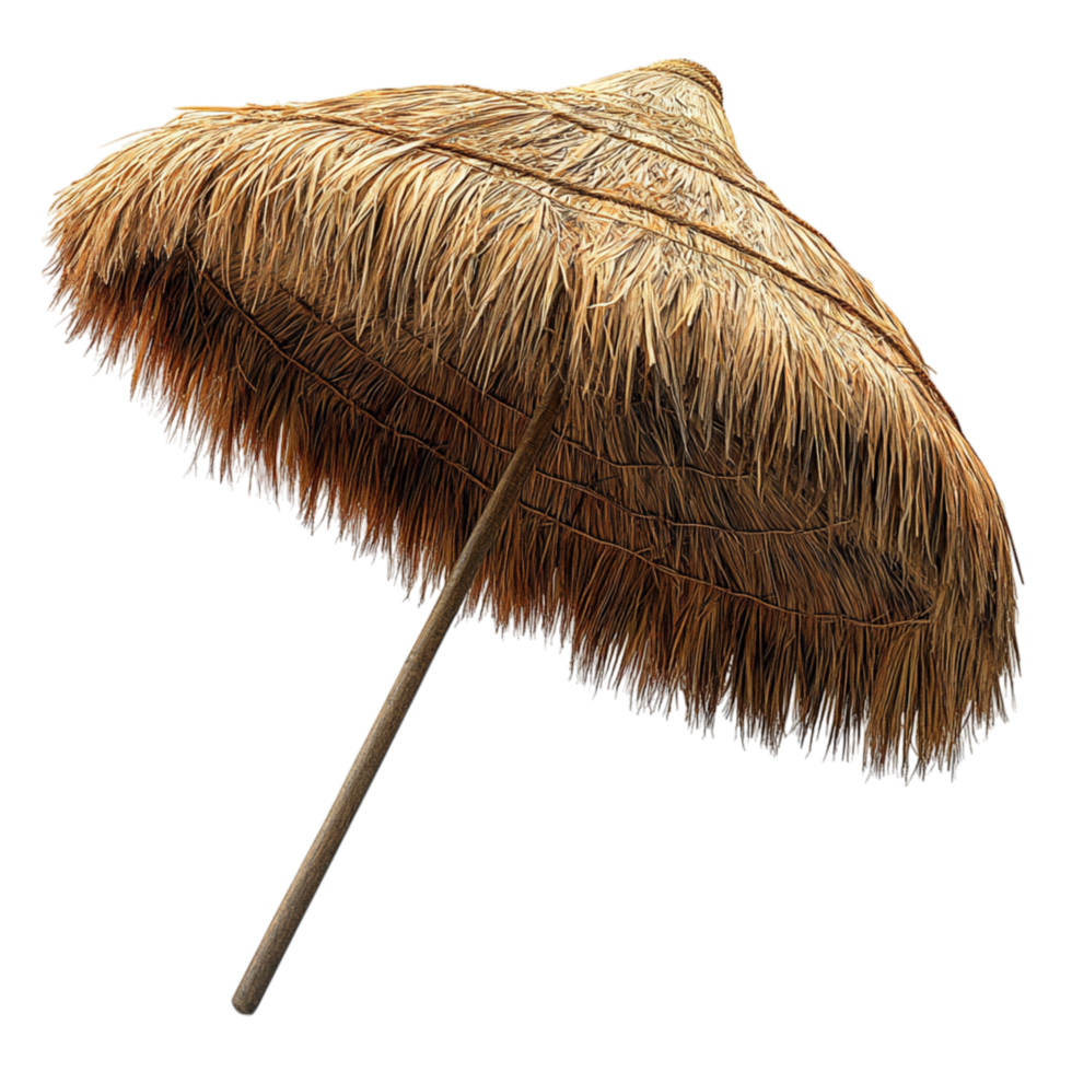 Traditional thatched beach umbrella with a natural woven texture and a sturdy pole symbolizes relaxation shade and the tropical charm of seaside retreats png