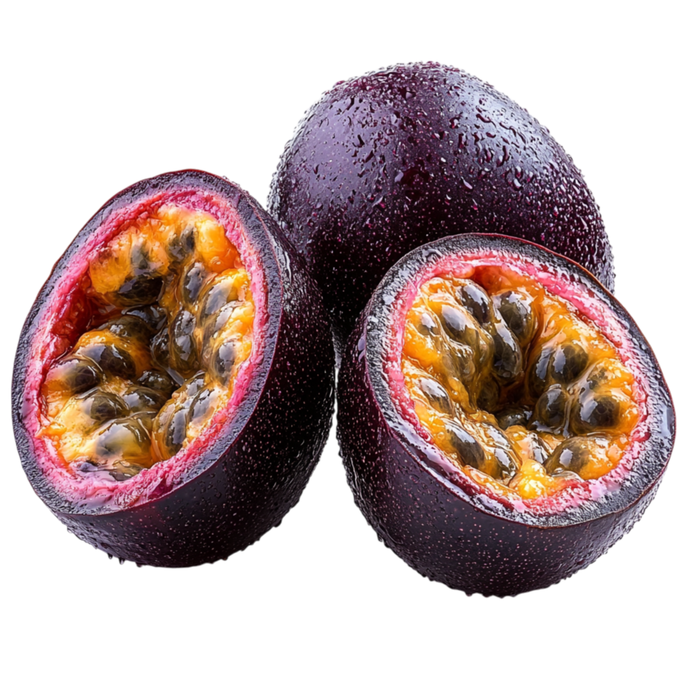 Juicy passion fruits with deep purple skin and golden pulp symbolizing exotic flavor and the refreshing taste of tropical harvests png