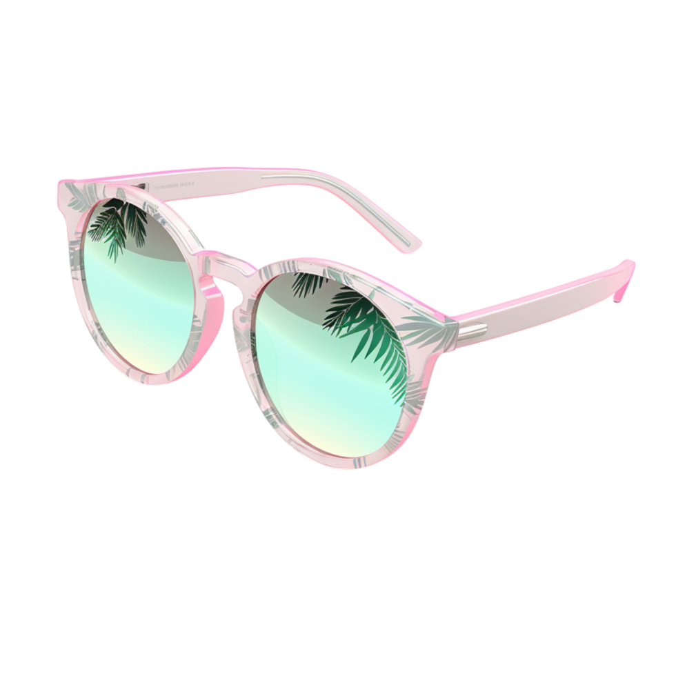 Pink sunglasses with a translucent frame and mirrored lenses reflecting palm trees representing style protection and the fashionable accessory that shields eyes while adding a trendy and modern touch png