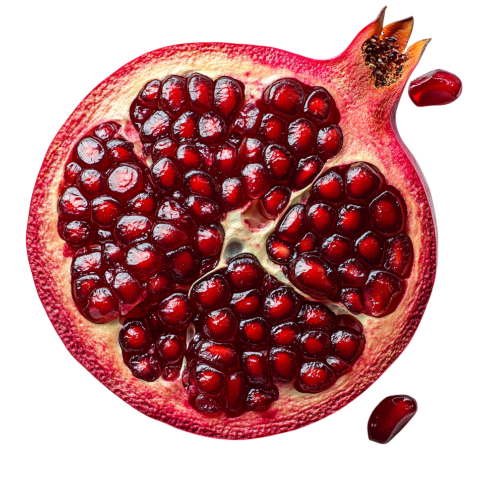Juicy red pomegranate cut open symbolizing abundance and the rich natural sweetness of clustered ruby seeds png