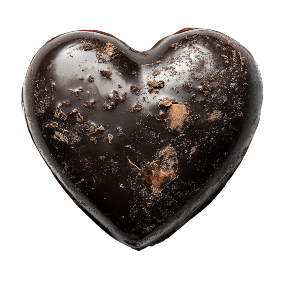 Heartshaped piece of dark chocolate with a rich glossy texture and rustic imperfections symbolizing love passion and the timeless delight of fine confectionery png