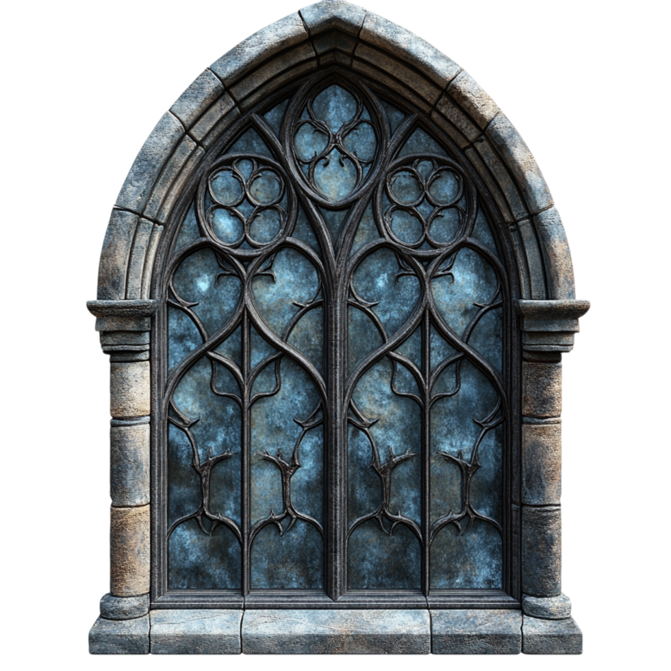 Gothic arched window with intricate stone carvings capturing the architectural splendor of ancient times png