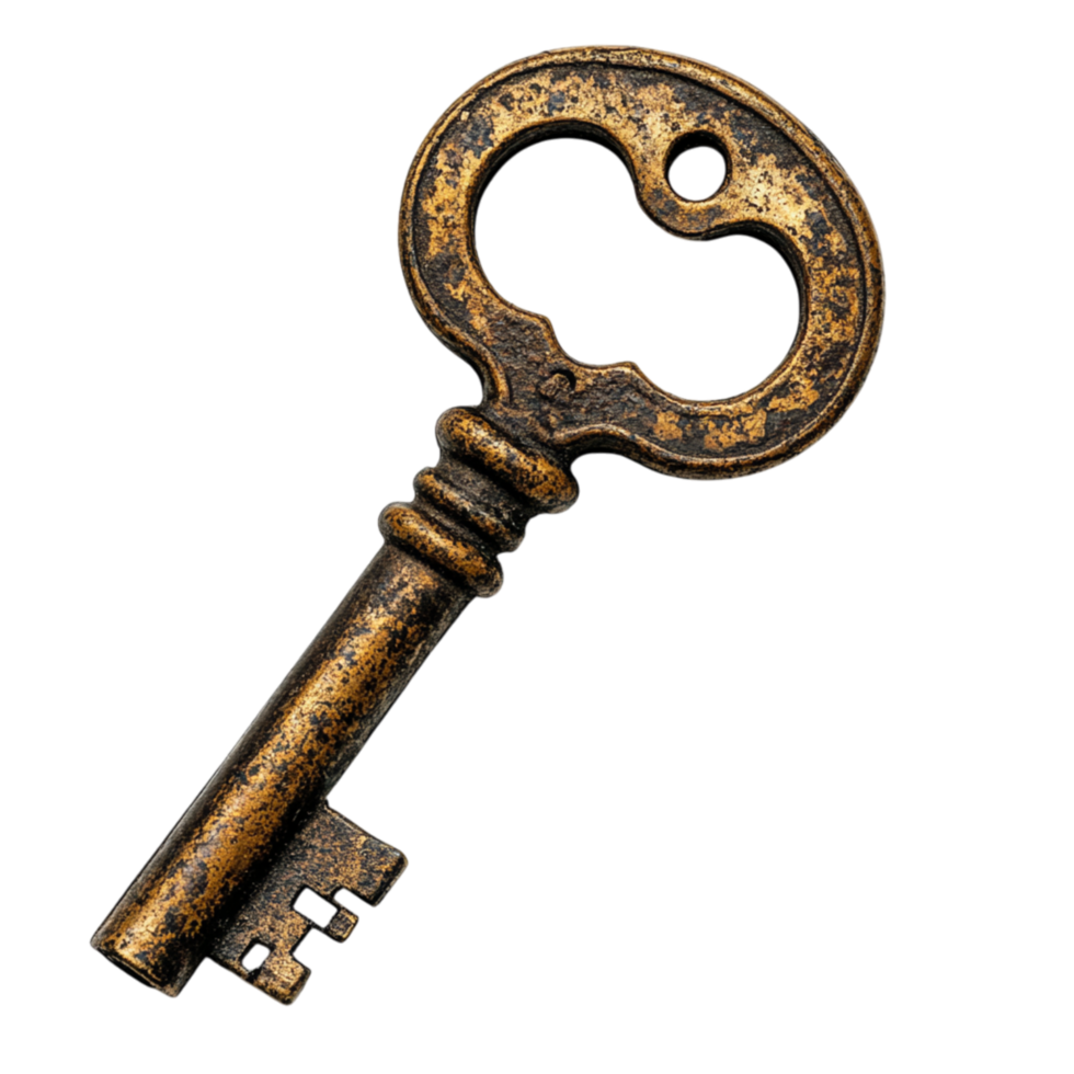 Antique key with a decorative handle and a rusted metal body representing mystery security and the charm of unlocking hidden treasures secrets and forgotten doors from the past png