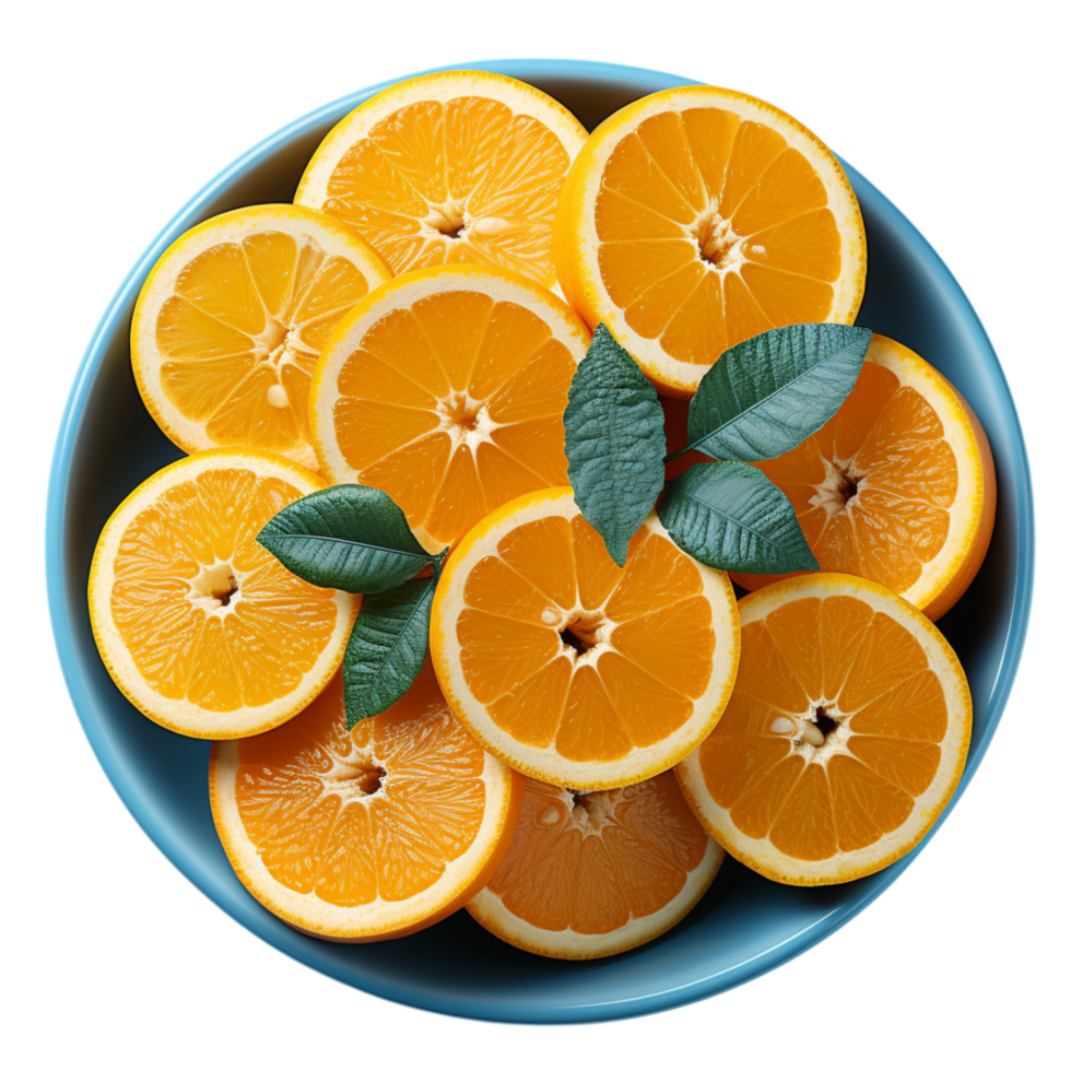 Plate filled with freshly sliced juicy oranges with a touch of mint symbolizing citrusy freshness nourishment and the burst of natural flavor png