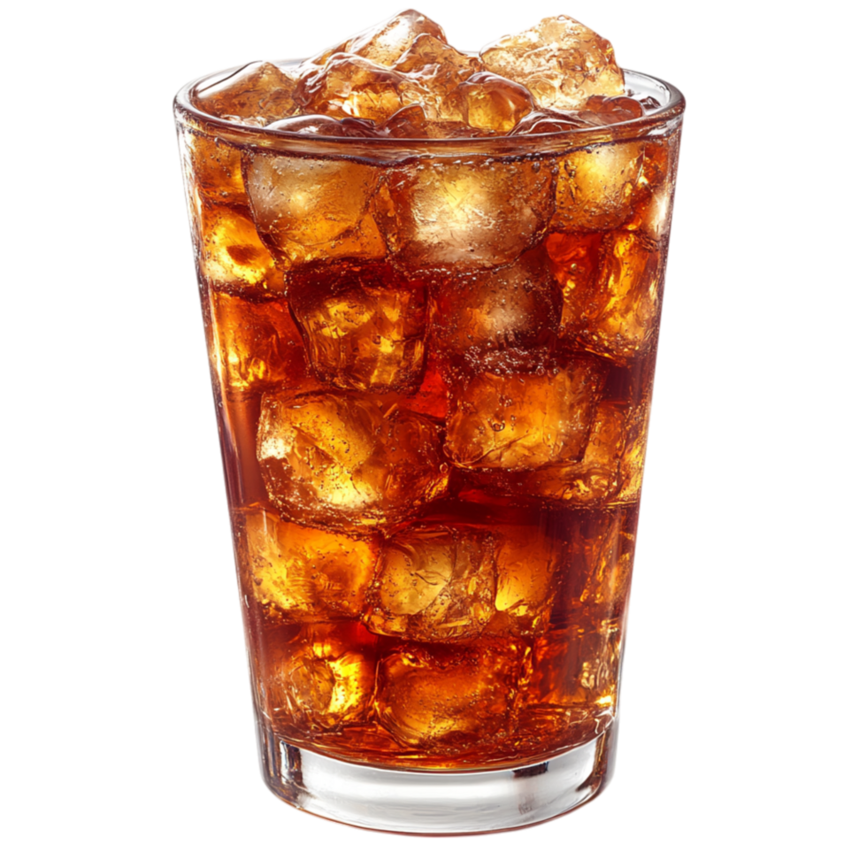 Glass of iced cola with fizzing bubbles goldenbrown color and floating ice cubes representing refreshment enjoyment and the crisp invigorating taste of a carbonated beverage served chilled and fizzy png