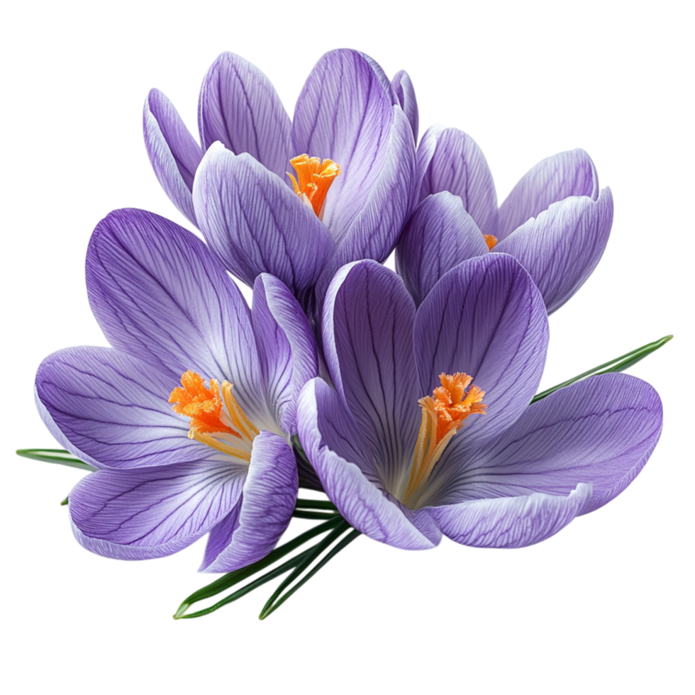 Cluster of soft purple crocus flowers with orange centers blooming together symbolizing renewal beauty and the vibrant colors of early spring blossoms png