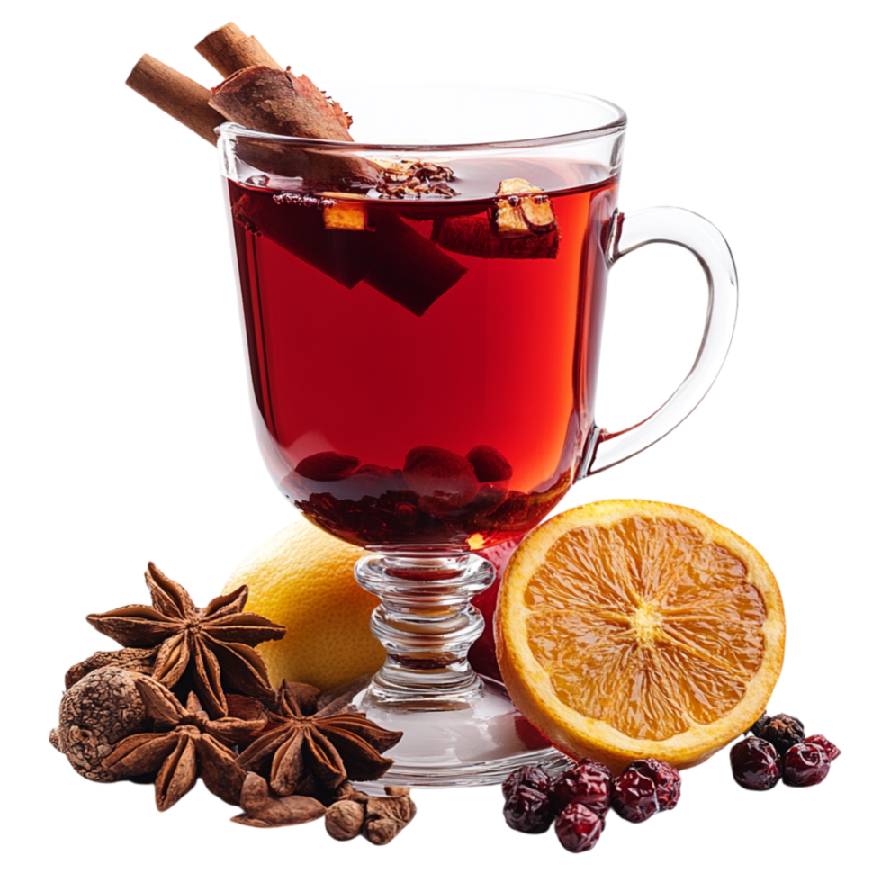 Mulled wine in a glass mug infused with spices orange slices and cinnamon sticks representing warmth comfort and the seasonal delight of a fragrant and flavorful drink enjoyed in cold weather png