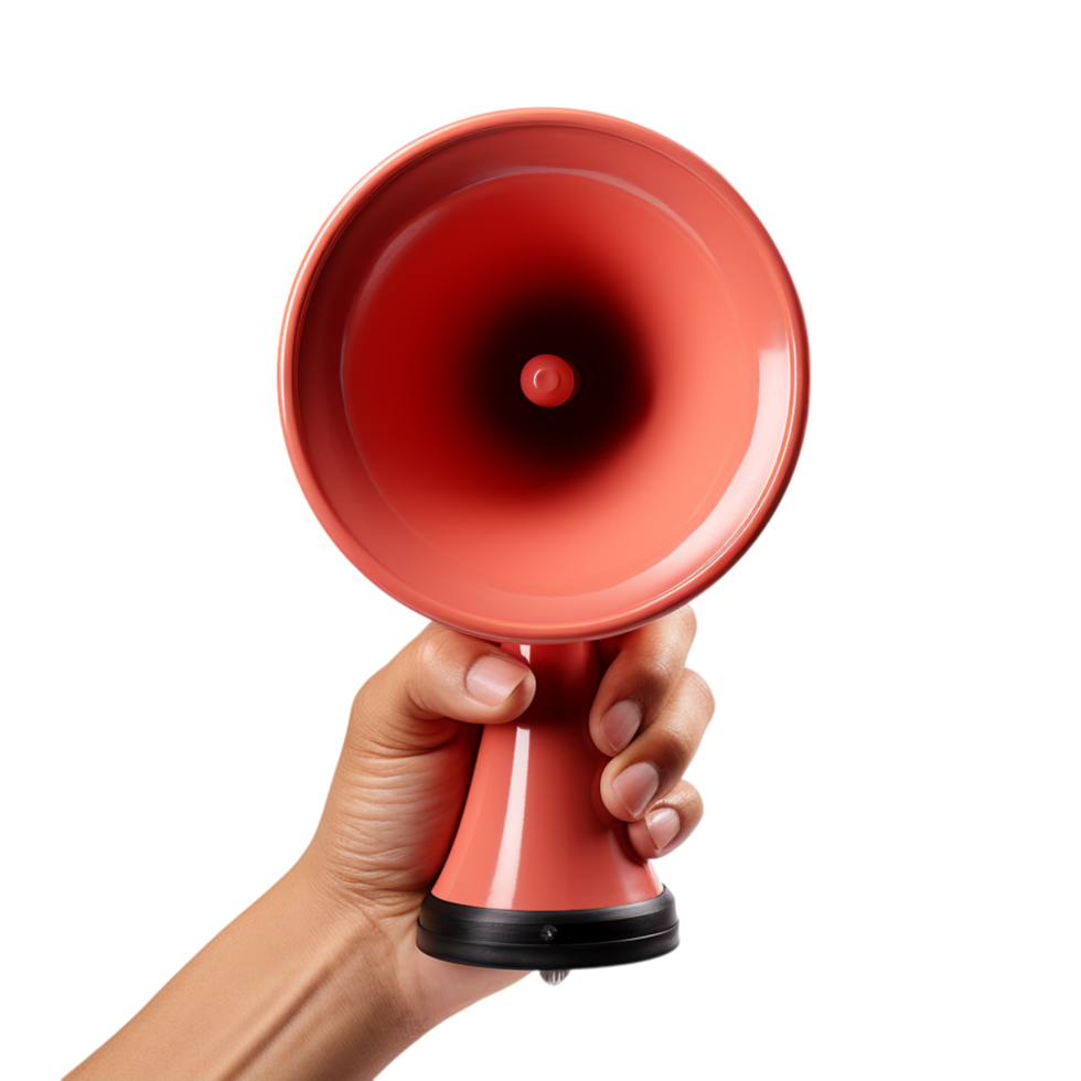 Red megaphone held firmly in a hand with a wide opening and a powerful speaker representing amplification communication and the commanding presence of a device used png