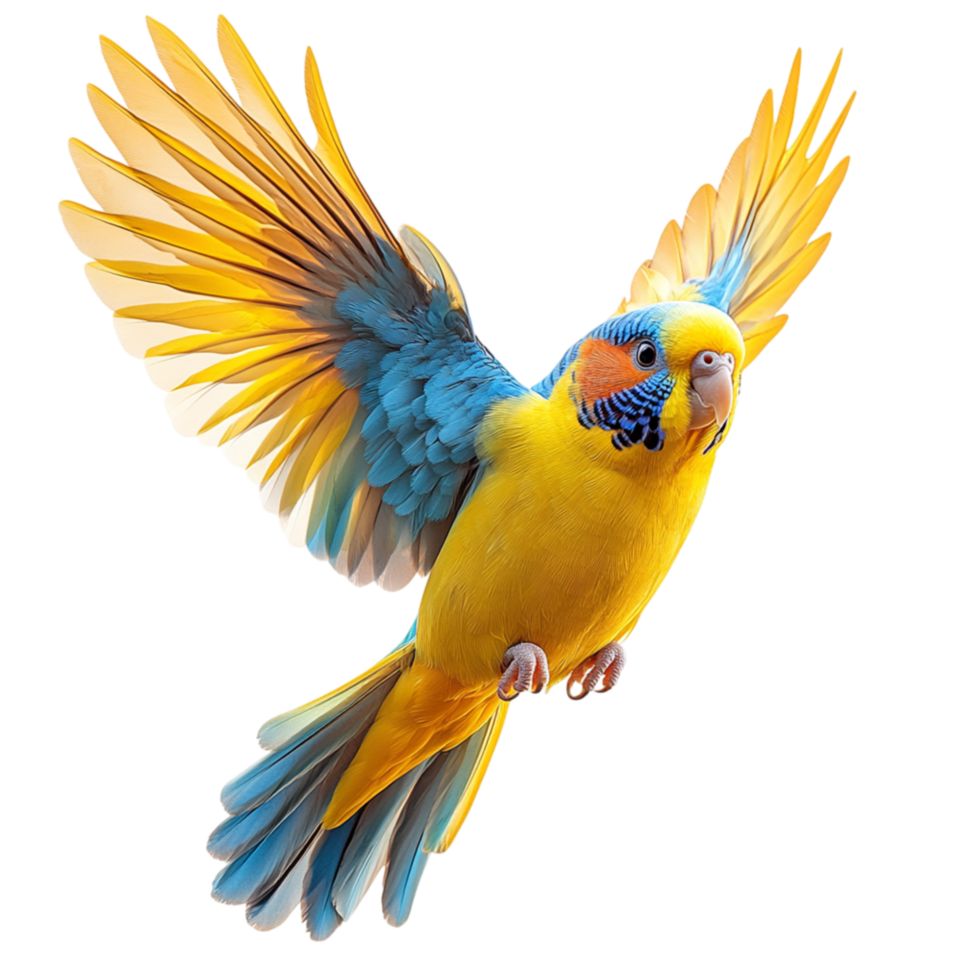 Brightly colored parrot with golden yellow and blue feathers flying symbolizing freedom vibrancy and the majestic beauty of exotic birds in nature png