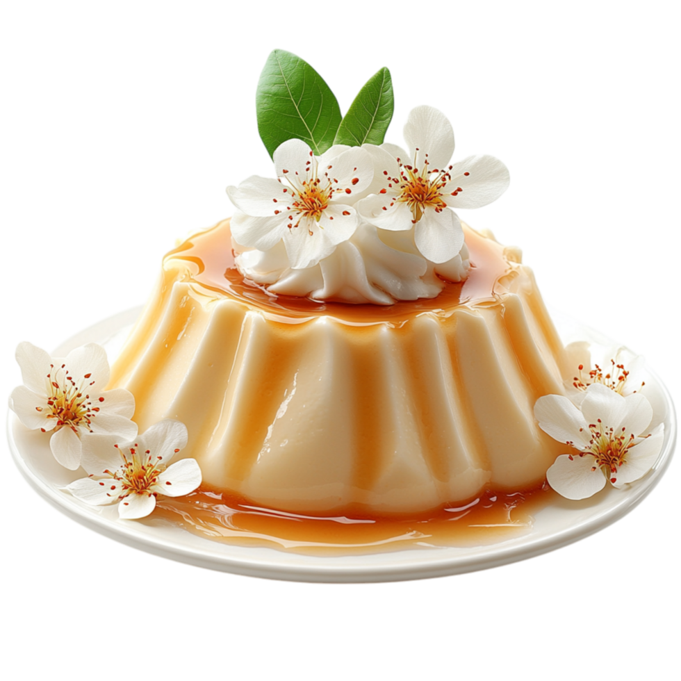 Caramel flan garnished with whipped cream and delicate flowers symbolizing creaminess indulgence and the perfect blend of rich flavors in a classic dessert png