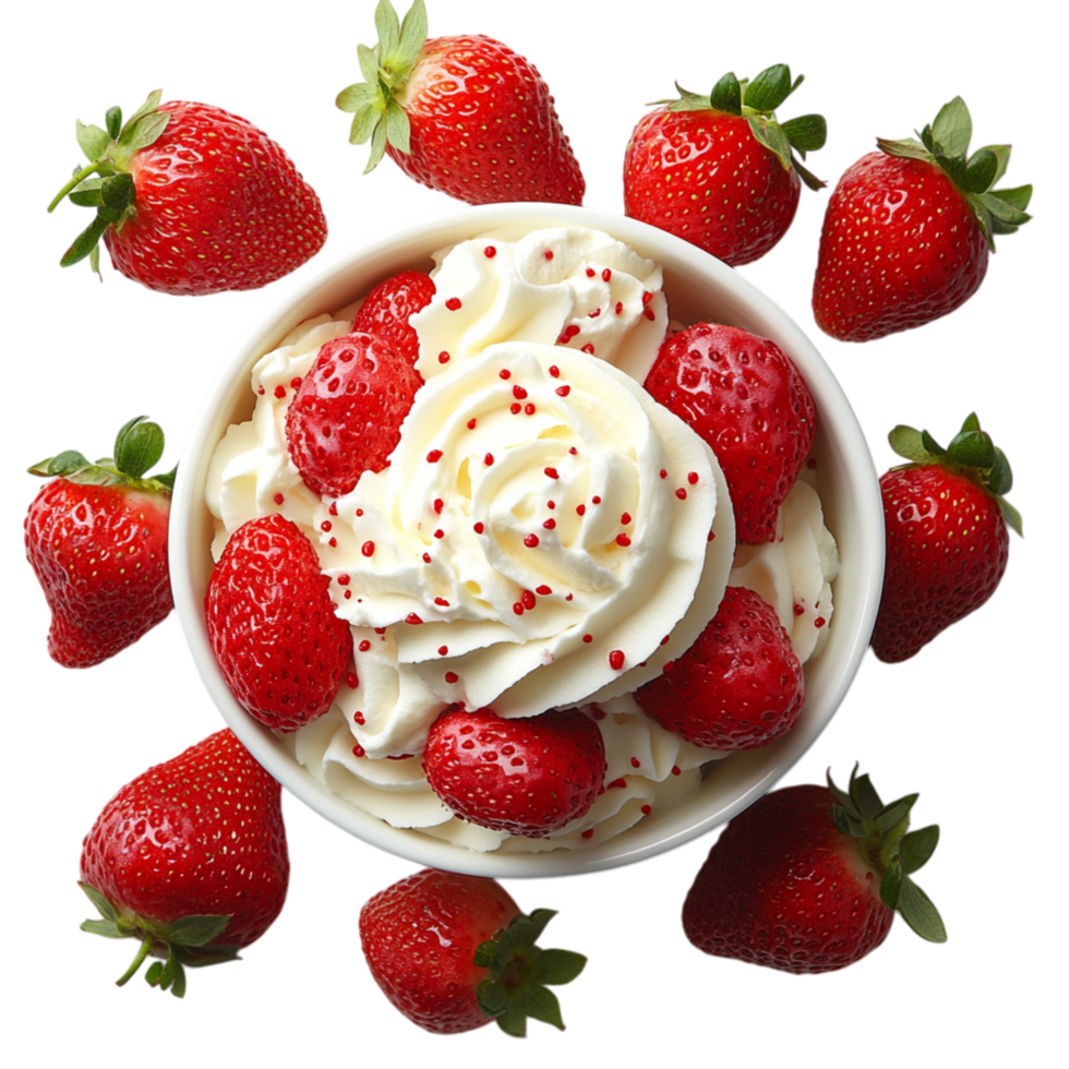 Bowl of whipped cream topped with fresh strawberries symbolizing indulgence delight and the rich combination of flavors that create a sweet and creamy treat png