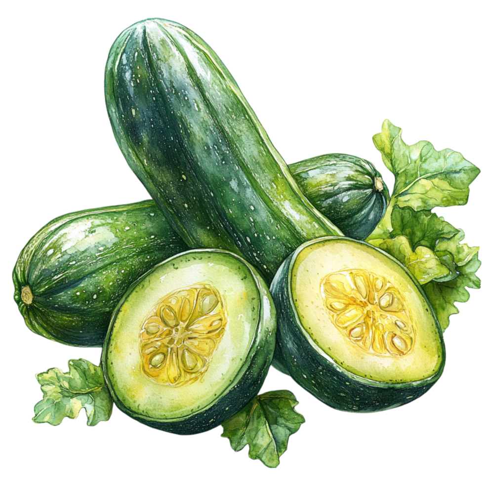 Fresh cucumbers with dark green skin and sliced sections symbolizing hydration crispness and the cooling sensation that enhances salads and refreshing dishes png