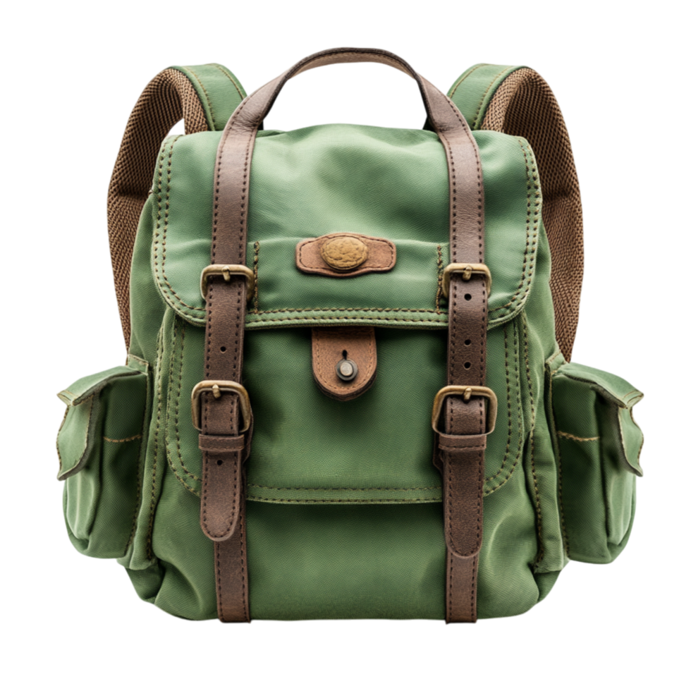 Green backpack with multiple pockets adjustable straps and a sturdy design representing adventure exploration and the practicality of carrying essentials in a stylish and durable travel companion png