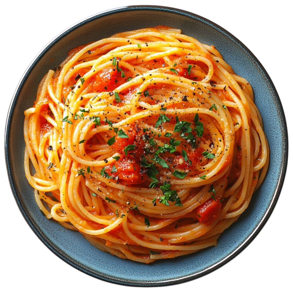 Bowl of rich spaghetti with tangy tomato sauce and fresh herbs symbolizing tradition comfort and the irresistible flavors of Italian cuisine png