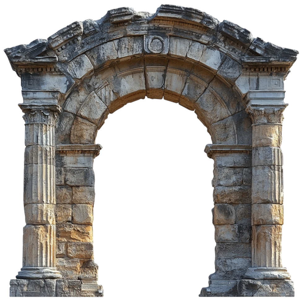 Grand and ancient stone archway with intricate carvings and a weathered look symbolizes history strength and the enduring beauty of classical architecture png