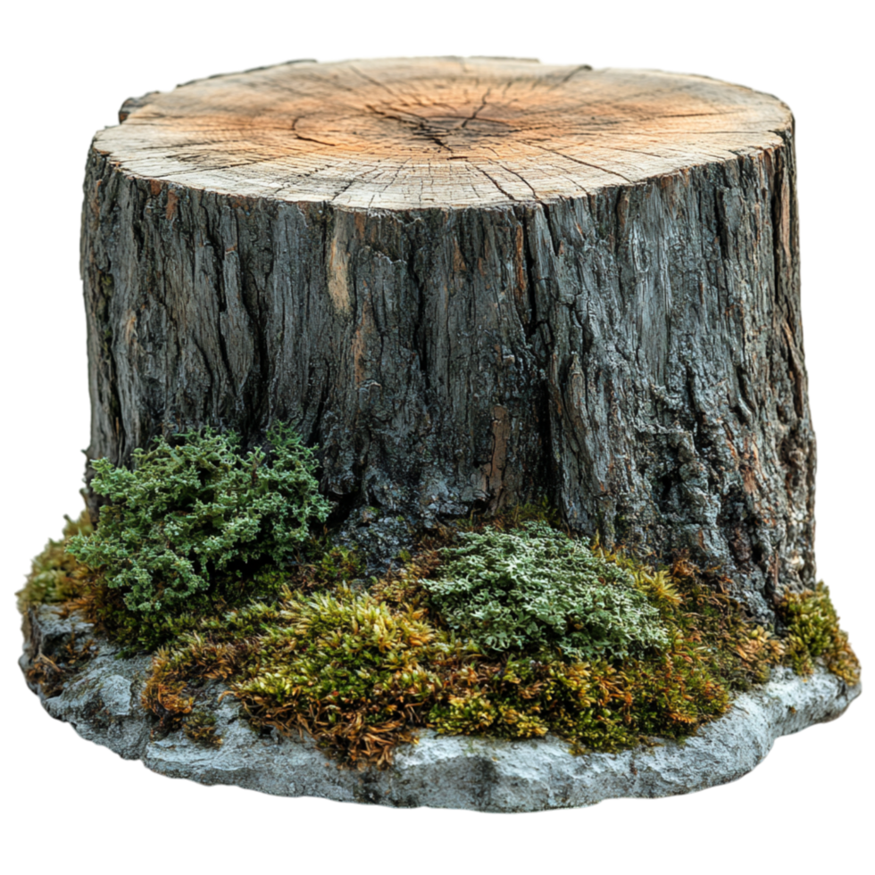 Tree stump with textured bark and sprouting moss representing the passage of time and renewal of life png
