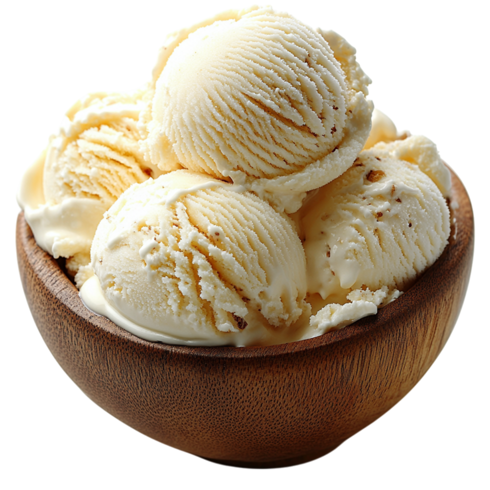 Scoops of vanilla ice cream in a wooden bowl with a soft creamy texture and a rich milky color representing simplicity pleasure and the classic taste of a beloved frozen dessert enjoyed worldwide png