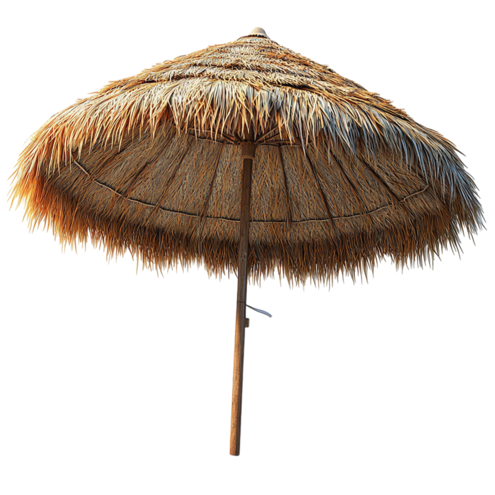 Thatched beach umbrella with a sturdy wooden pole symbolizing relaxation shade and the peaceful retreat found under cool shelter on a sunny tropical shore png