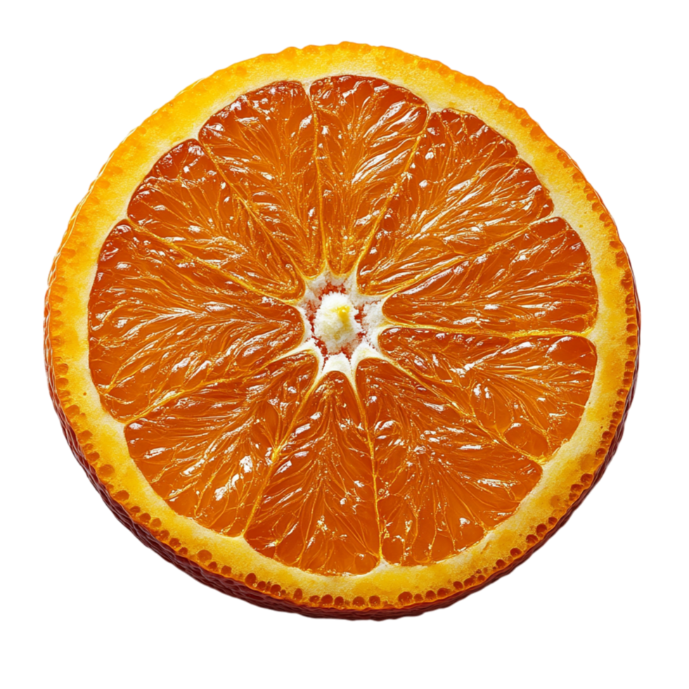 Crosssection of a bright orange displaying intricate segments and juicy texture representing freshness png