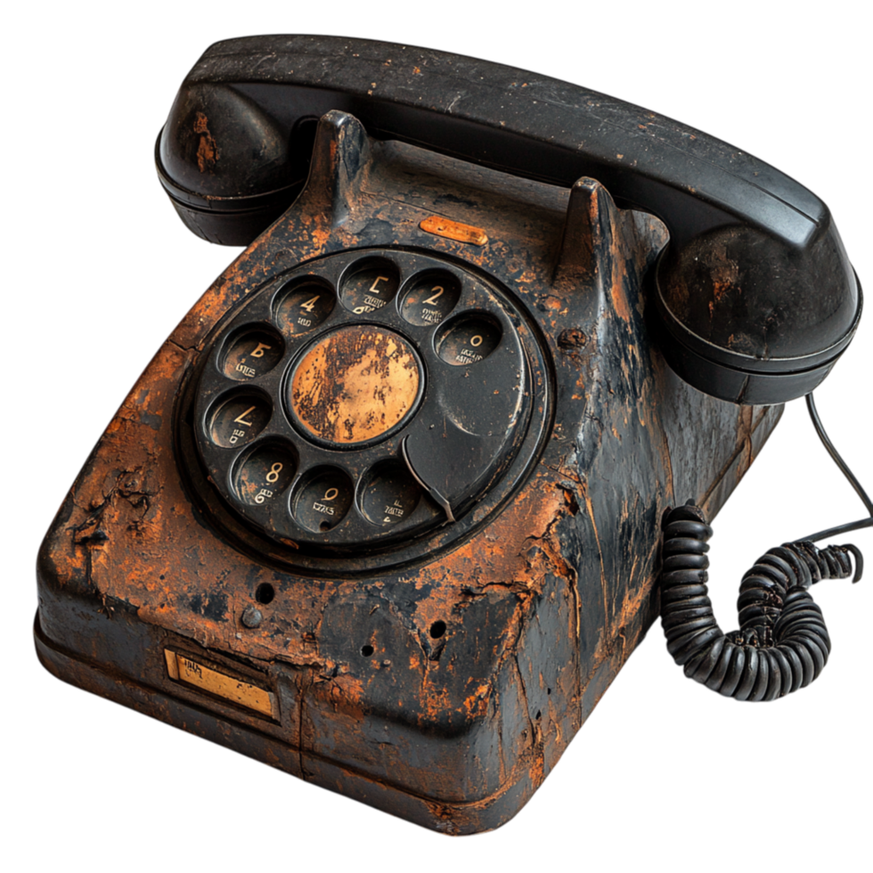 Vintage rotary telephone with a rusted surface and a coiled cord represents nostalgia and the classic charm of early communication devices png