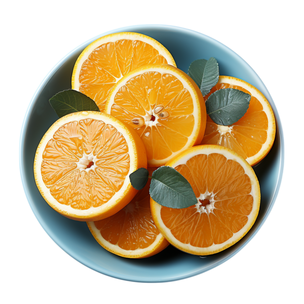Sliced oranges with green leaves in a bowl symbolizing citrus freshness and the juicy vibrant flavor of vitaminrich fruits enjoyed in snacks and drinks png