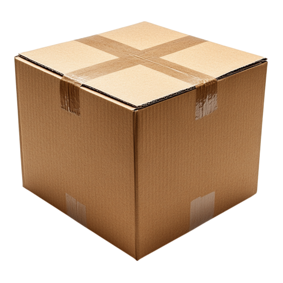 Sturdy brown cardboard box sealed with packing tape symbolizing security and the practical simplicity of everyday packaging png