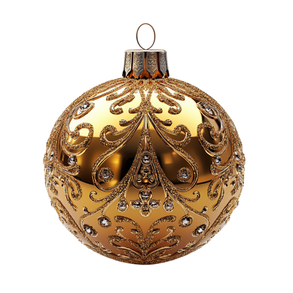Ornate golden Christmas ornament with intricate patterns and a hanging loop symbolizing celebration and the timeless elegance of holiday png
