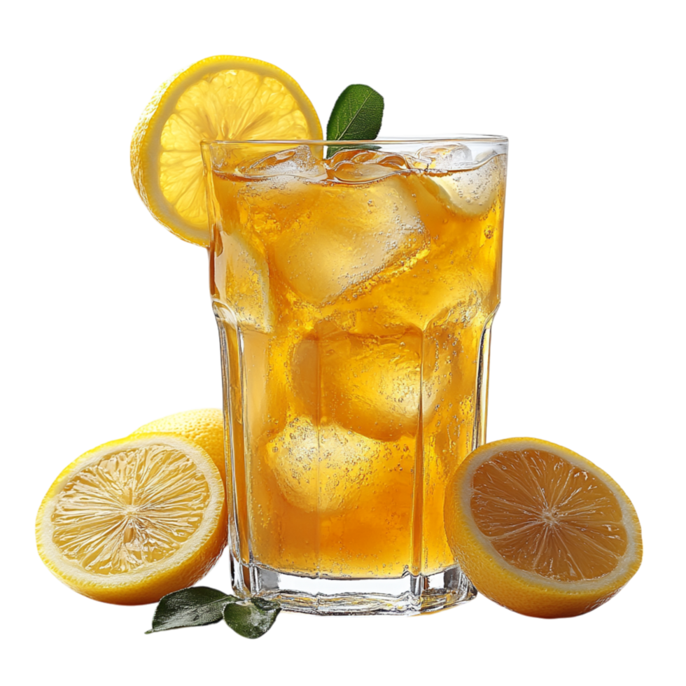 Tall glass of chilled iced lemon tea with golden liquid and floating citrus slices represents refreshment and the zesty burst of a cooling summer drink png