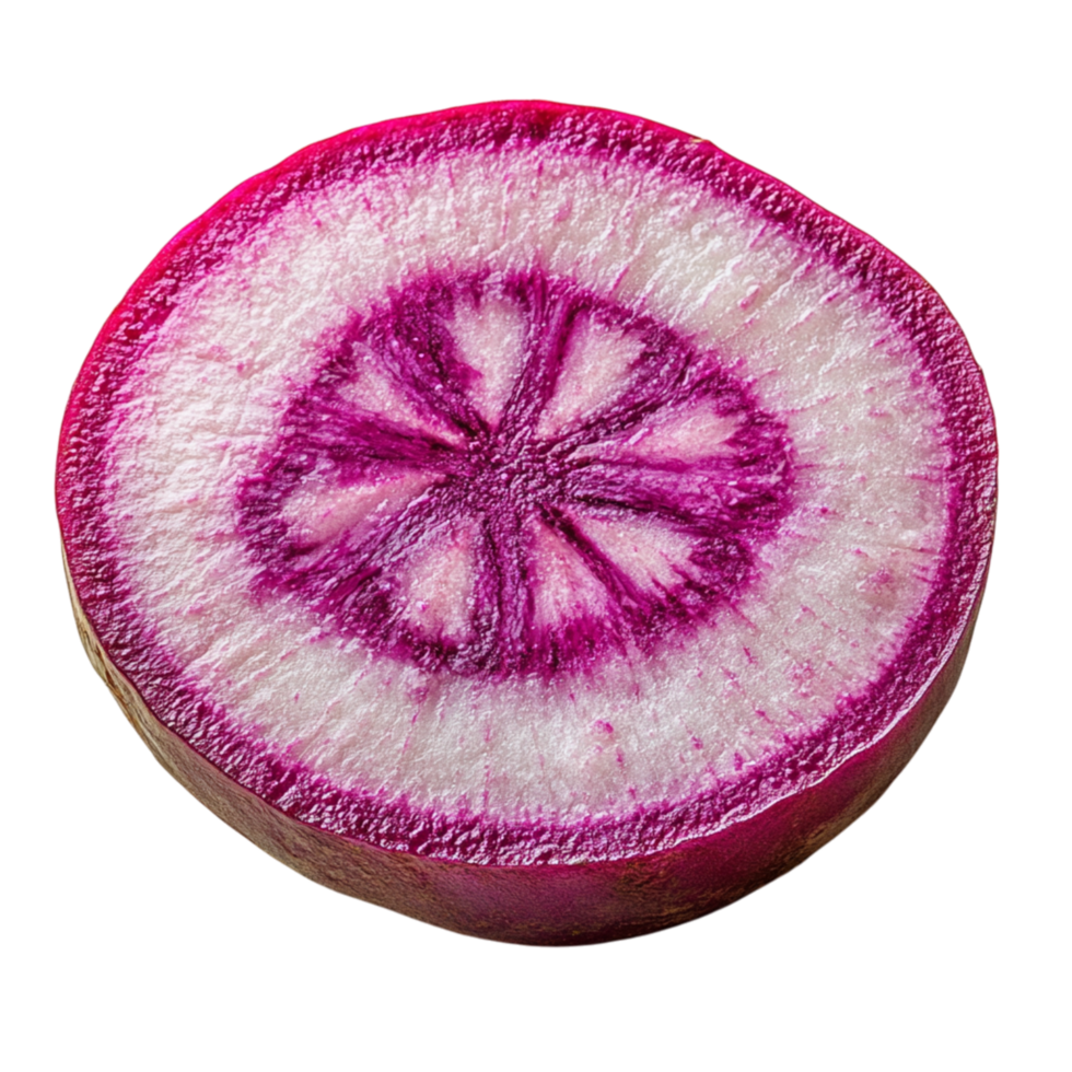 Purple and white root vegetable cut in half shows a mesmerizing starburst pattern in its crisp and firm flesh png