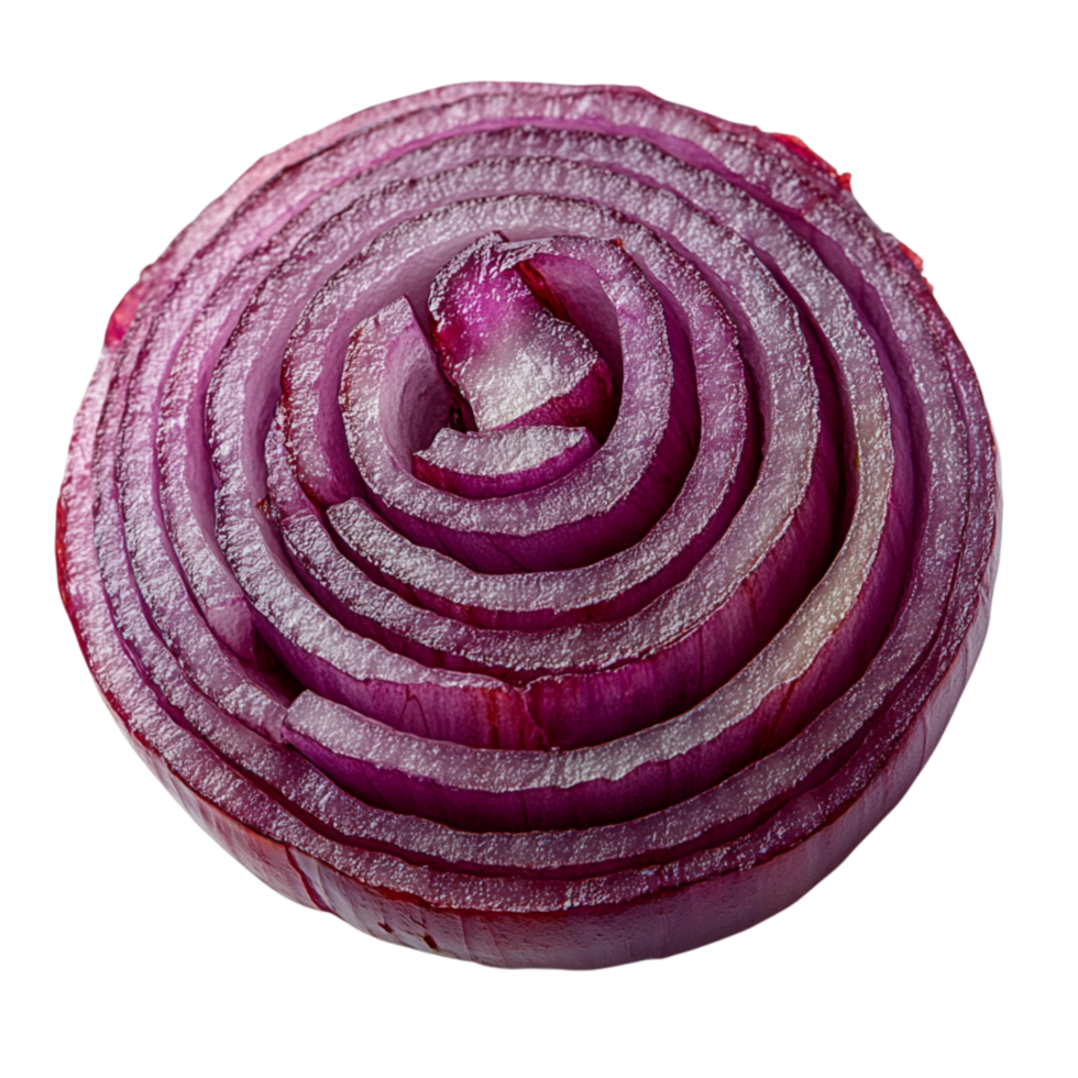Sliced red onion with tightly layered rings and a deep purple hue displaying freshness sharp aroma and the essential culinary versatility of this widely used vegetable png