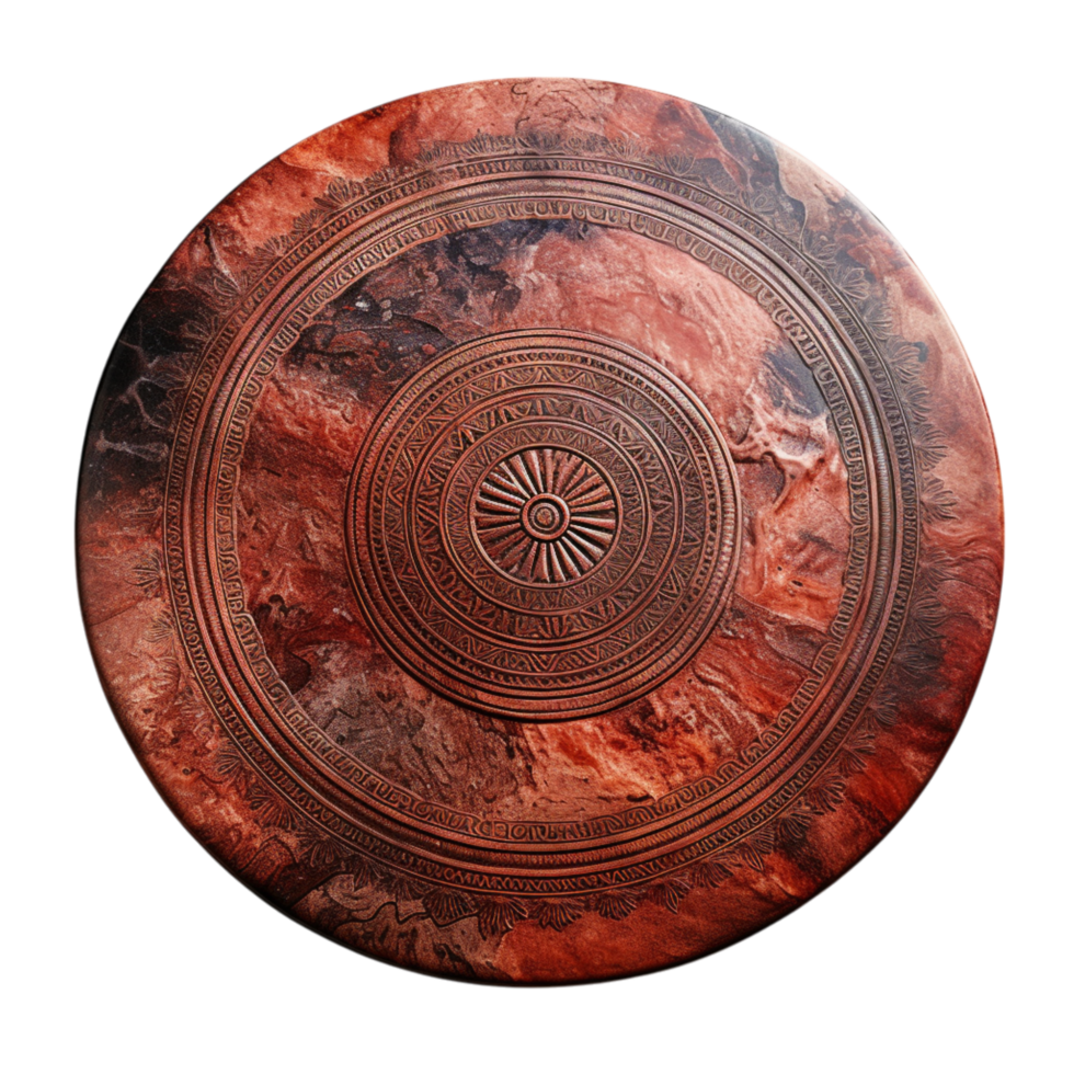 Circular woodenifact with intricate carvings and a rich polished surface showcasing craftsmanship history and theistic beauty of traditional woodwork and cultural heritage png