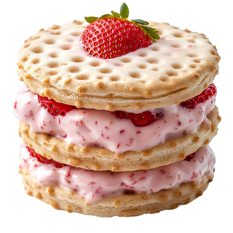 Layered ice cream sandwich with crispy wafers fresh strawberries and creamy filling offering a delightful balance of texture flavor and sweetness in every bite png