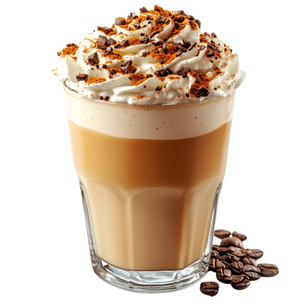 Glass of frothy latte topped with whipped cream and coffee beans looks delicious png