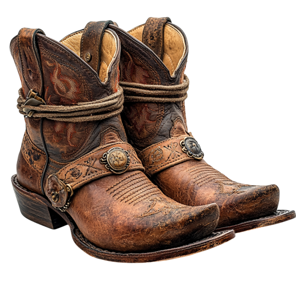 Worn brown cowboy boots with intricate stitching and metal buckles bring a rustic and rugged charm to a classic western look png
