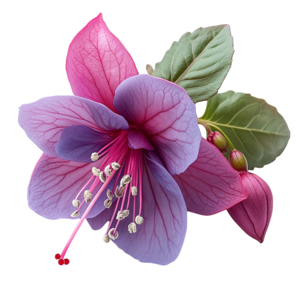 Beautiful pink and purple fuchsia flower with hanging petals and lush green leaves creates a delicate and enchanting display png