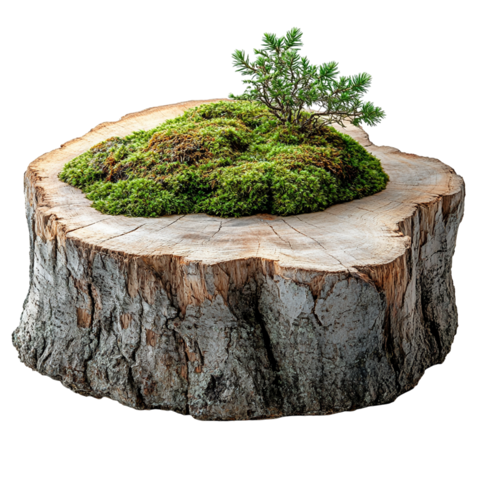 Tree stump with fresh green moss and tiny plants growing on top showcases the beauty of natures endless regeneration png