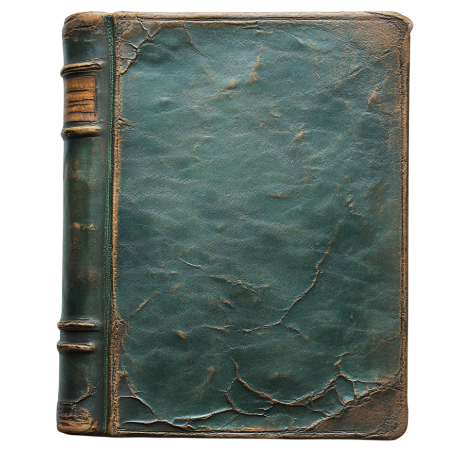 Worn vintage book with a textured green cover and frayed edges symbolizing knowledge and the timeless appeal of old literature png