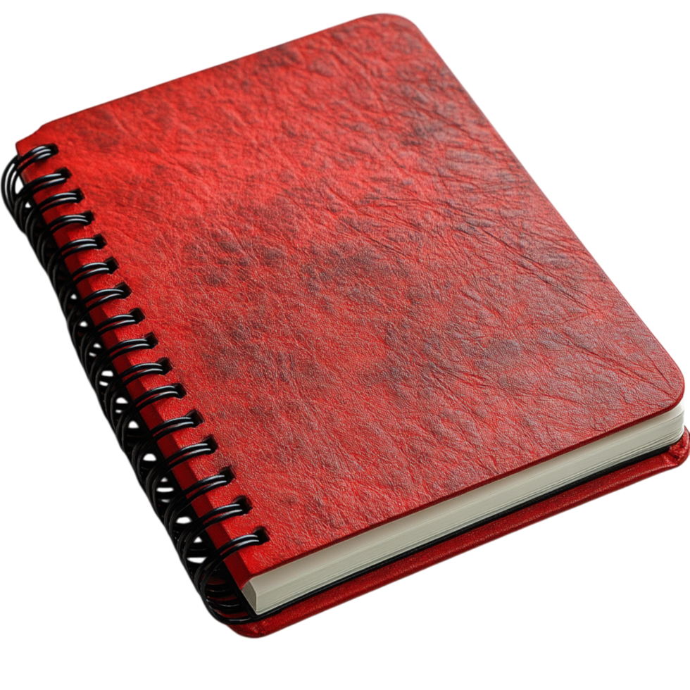 Red leather notebook with a black spiral binding and a textured cover serving as a durable stylish journal for writing sketching and capturing thoughts ideas and inspirations png