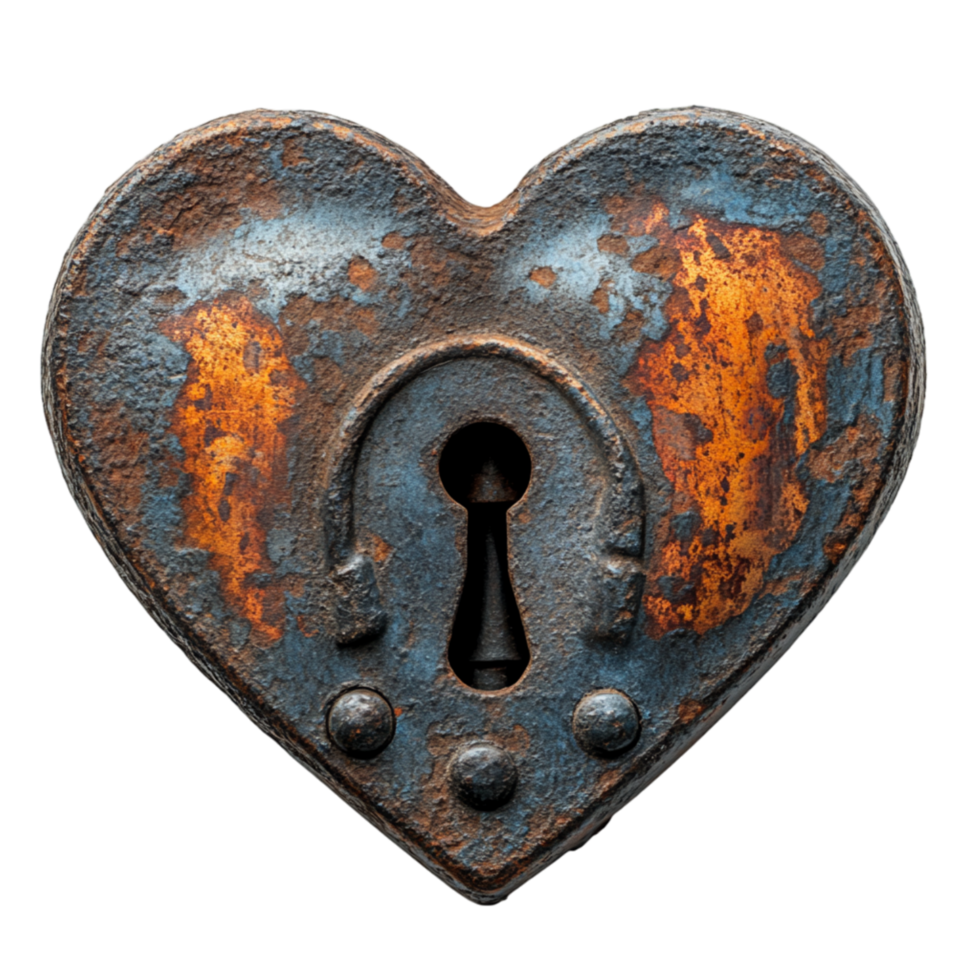 Rustic heartshaped iron lock with a weathered surface represents mystery and the timeless significance of love and security png