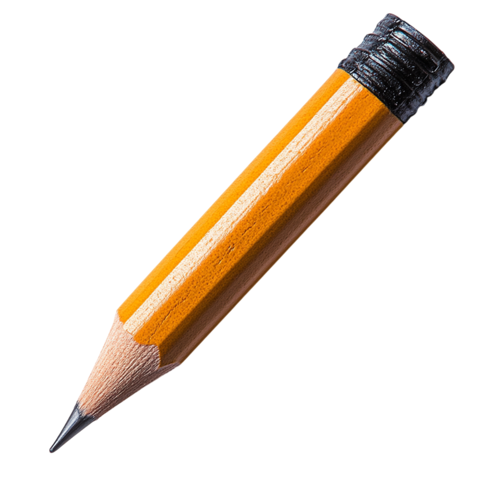 Short sharpened wooden pencil with a bright yellow body and a graphite tip represents creativity and the simple practicality of a timeless writing tool png