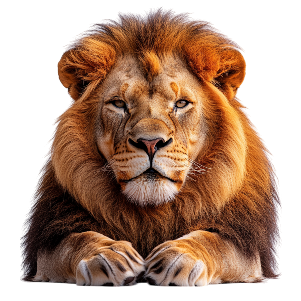 Majestic lion with a thick golden mane and piercing eyes gazes forward radiating power and regal authority png