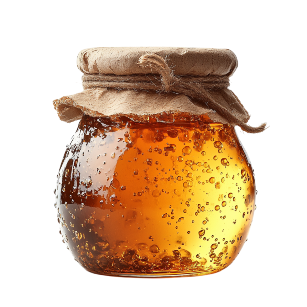 Glass jar filled with golden honey and tiny air bubbles is sealed with a rustic cloth lid for a sweet natural treat png